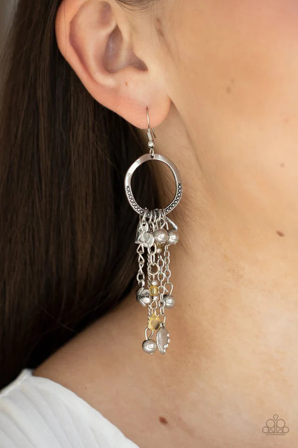 Charm School - Yellow Heart/Floral Charm Crystal Studded Hoop Fringe Earrings E#1475