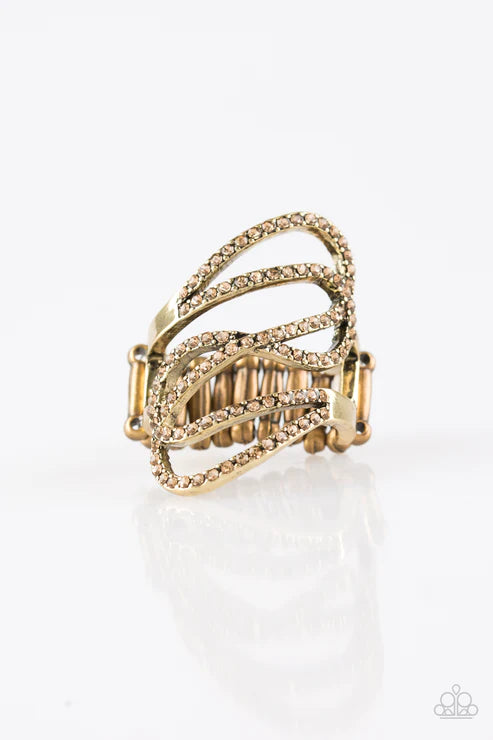 Chasing Starlight - Oversized Brass/Topaz Encrusted Ribbon Swoop Ring R#1944
