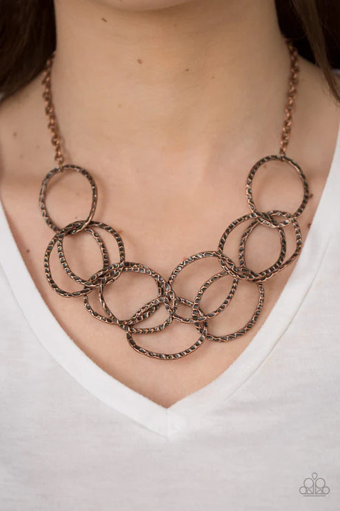 Circus Royale - Copper Asymmetrical Interlocked Hammered Shimmer Ring Necklace N#2183