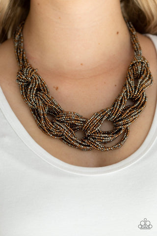 City Catwalk - Oversized Copper/Gunmetal Metallic Braided Square Seed Bead Necklace N#747