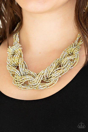 City Catwalk - Oversized Gold/Silver Metallic Braided Square Seed Bead Necklace N#704