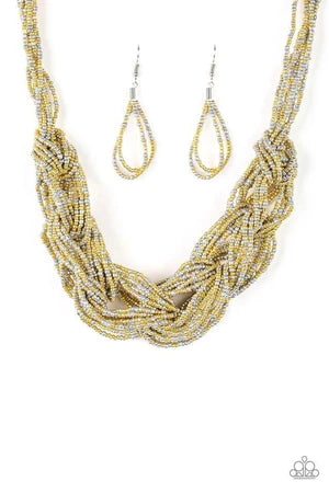 City Catwalk - Oversized Gold/Silver Metallic Braided Square Seed Bead Necklace N#704