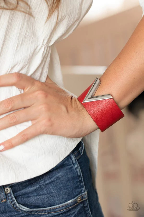 Claws Out - Oversized Red Thick V-Shaped Silver Slices Leather Adjustable Snap Closure Bracelet B#259