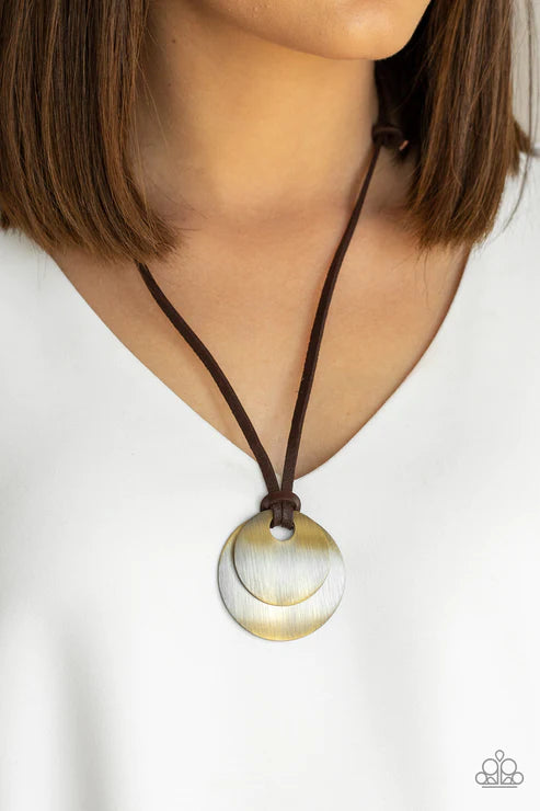 Clean Slate - Oversized Brass/Brown Knotted Duo Disc Leather Sliding Knot Closure Urban Necklace N#1704