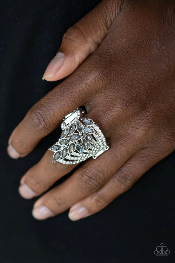 Clear-Cut Cascade - Oversized Silver White Encrusted Bands Cascade Smoky Marquise Cut Fan Coalescing Ring R#473