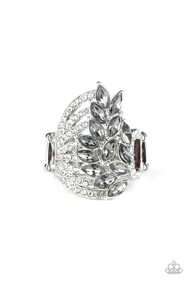 Clear-Cut Cascade - Oversized Silver White Encrusted Bands Cascade Smoky Marquise Cut Fan Coalescing Ring R#473