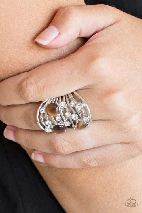 Clear The SWAY! - Oversized Brown Airy Cat's Eye Moonstone Encrusted Wavy Ring R#1894