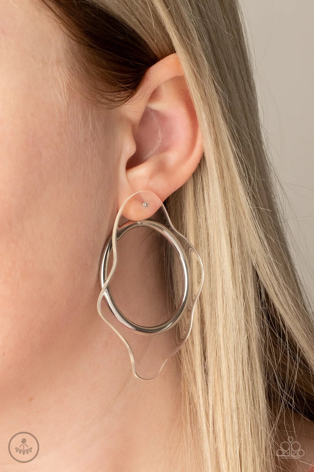 Clear The Way! - Oversized White Clear Asymmetrical Double-Sided Peeks Out Overlap Warped Hoop Earrings E#210