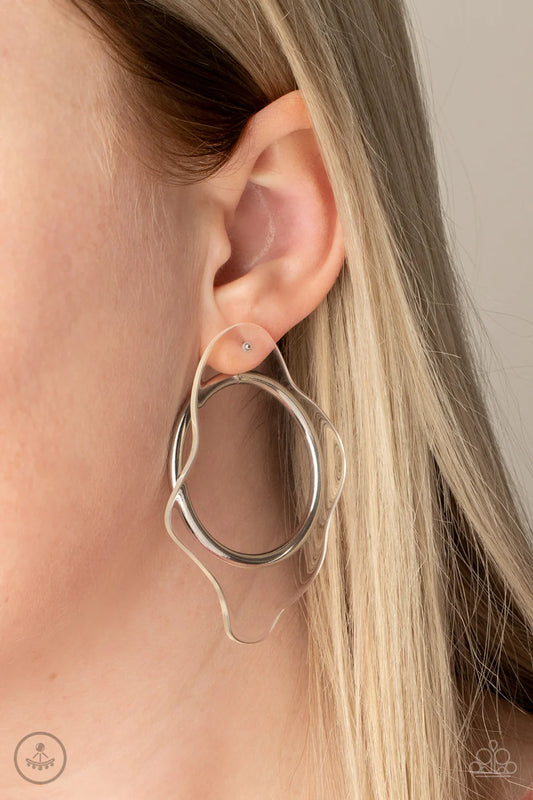 Clear The Way! - Oversized White Clear Asymmetrical Double-Sided Peeks Out Overlap Warped Hoop Earrings E#210