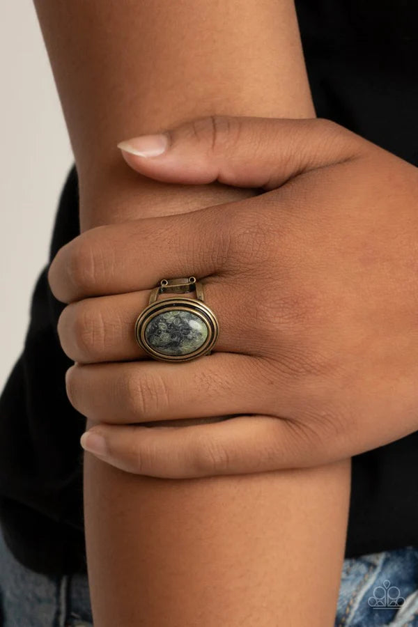 Cliff Dweller Demure - Green/Brass Oval Stacked Stone Ring R#284