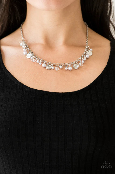 Coastal Cache - Silver Smoky Pearl Crystal Hammered Disc Fringe Necklace N#2043