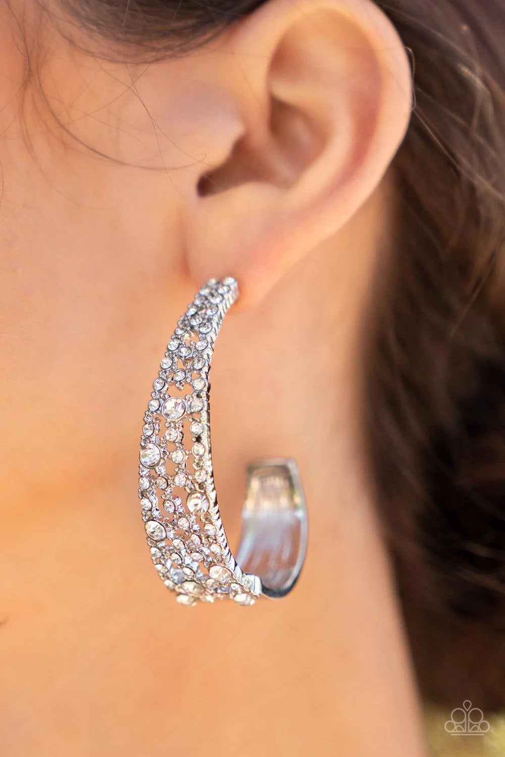 Cold As Ice - Oversized White Curved Dotted Encrusted J-Hoop Earrings E#521