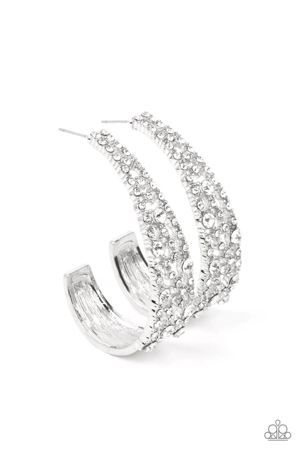 Cold As Ice - Oversized White Curved Dotted Encrusted J-Hoop Earrings E#521