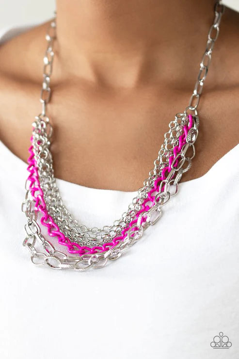 Color Bomb - Pink Mismatched Draped Chains Industrial Necklace N#1891