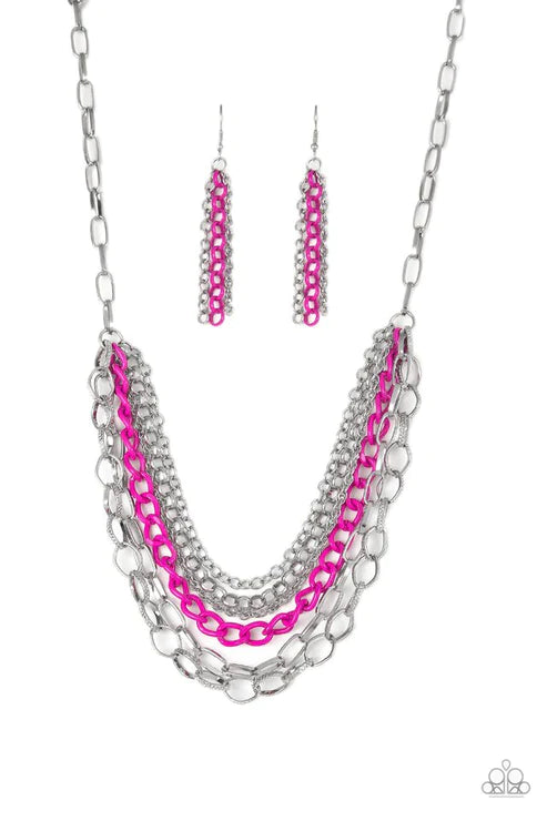 Color Bomb - Pink Mismatched Draped Chains Industrial Necklace N#1891