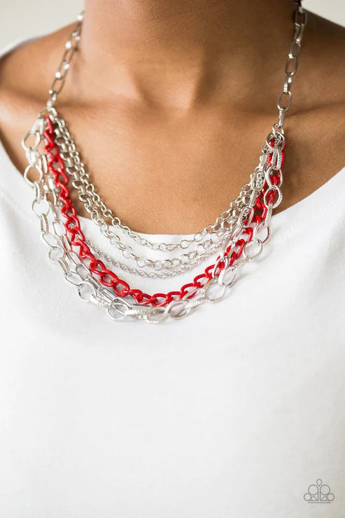 Color Bomb - Fiery Red Mismatched Draped Chains Industrial Necklace N#2052