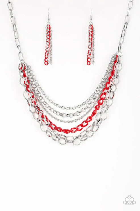 Color Bomb - Fiery Red Mismatched Draped Chains Industrial Necklace N#2052