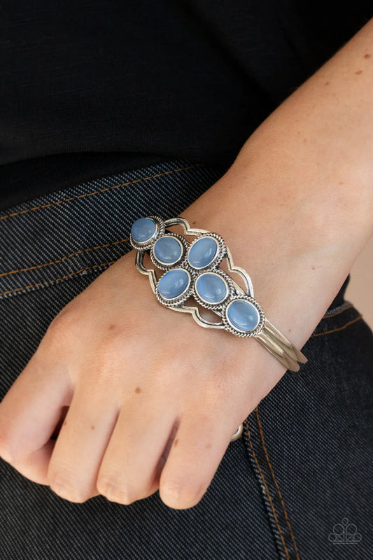 Color Me Celestial - Oversized Blue Cerulean Cat's Eye Moonstone Cluster Scalloped Ethereal Cuff Bracelet B#1270