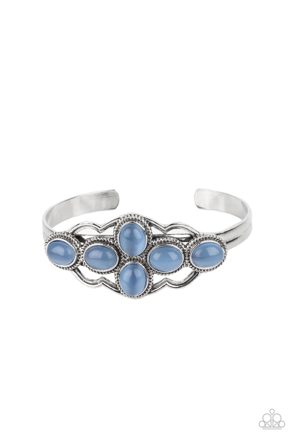 Color Me Celestial - Oversized Blue Cerulean Cat's Eye Moonstone Cluster Scalloped Ethereal Cuff Bracelet B#1270