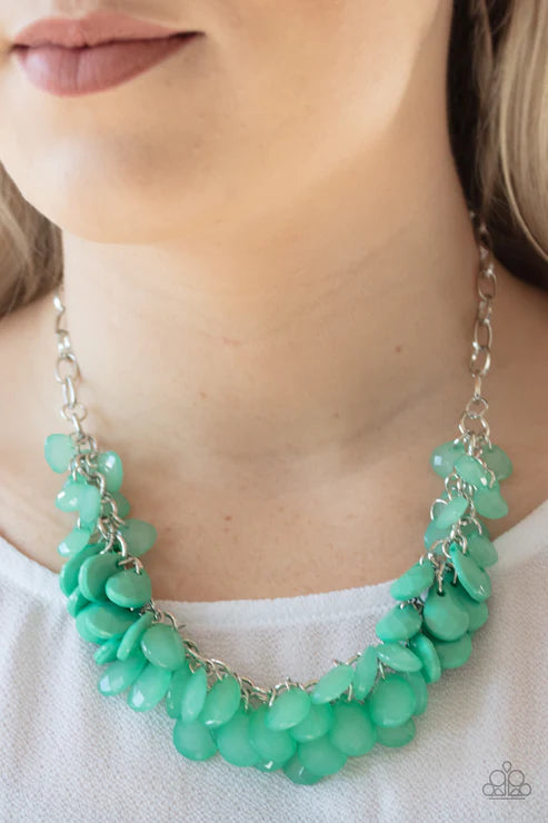 Colorfully Clustered - Mint Green Polished/Crystal Cluster Teardrop Whimsical Dimension Fringe Necklace N#2580