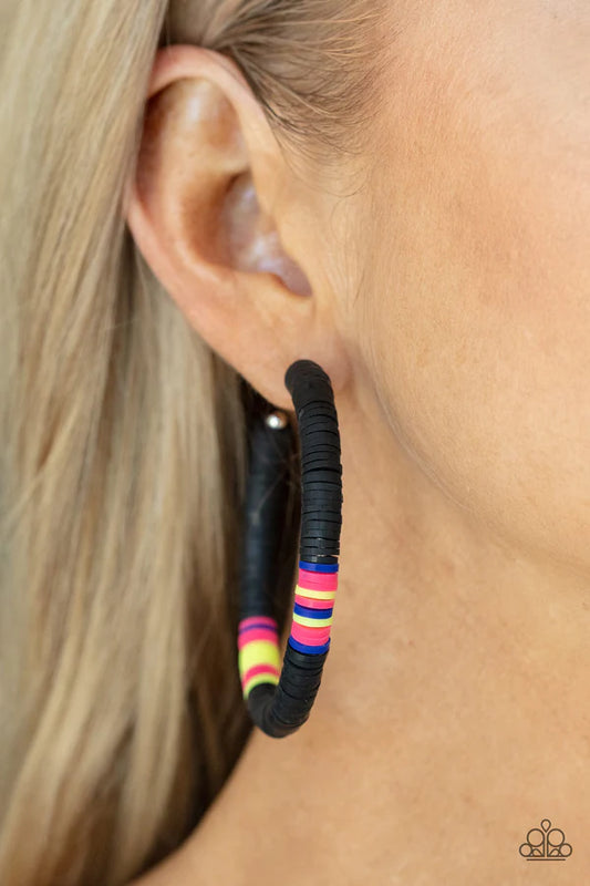 Colorfully Contagious - Oversized Black (Black/Pink/Blue/Yellow) Rubbery Hoop Earrings E#013