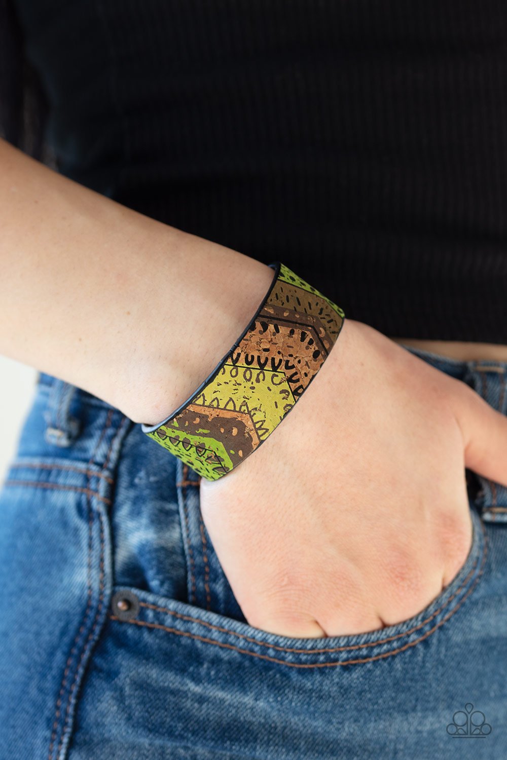 Come Uncorked - Green Cork Patch Textured Accent Tribal Cuff Bracelet B#723