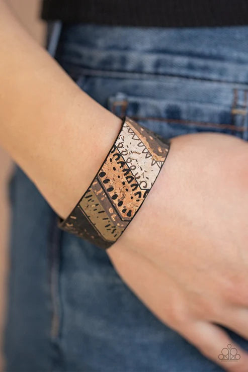 Come Uncorked - White Cork Patch Textured Accent Tribal Cuff Bracelet B#1601