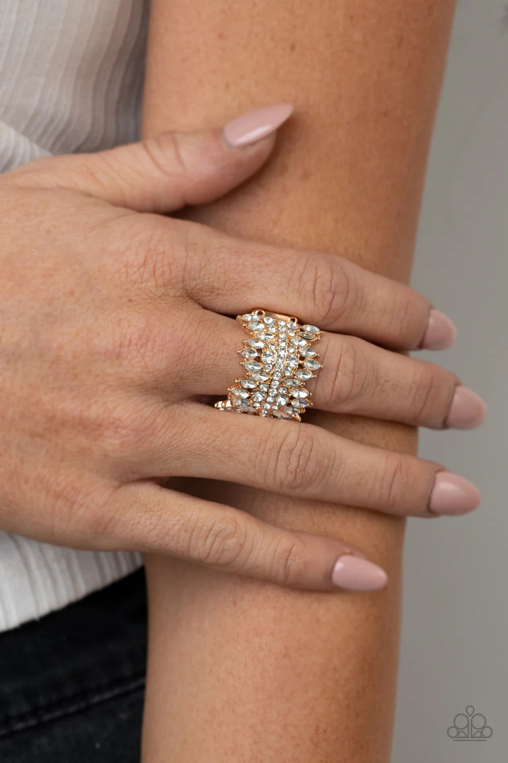 Cosmic Confetti - Oversized Gold Eruption Encrusted Mismatched Round/Marquise-Cut Ring R#1222