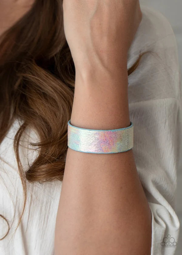 Cosmic Karma - Multi/Blue Iridescent Foiled Leather Cuff Bracelet B#324