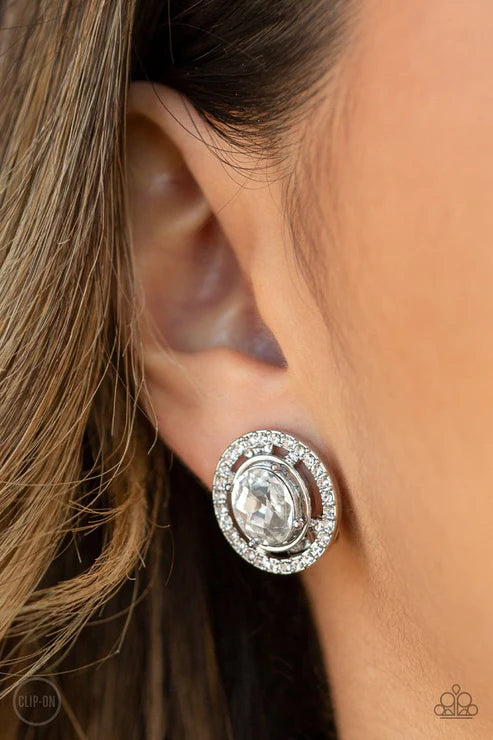 Cost A Fortune - White Round Encrusted Clip-On Earrings E#2077