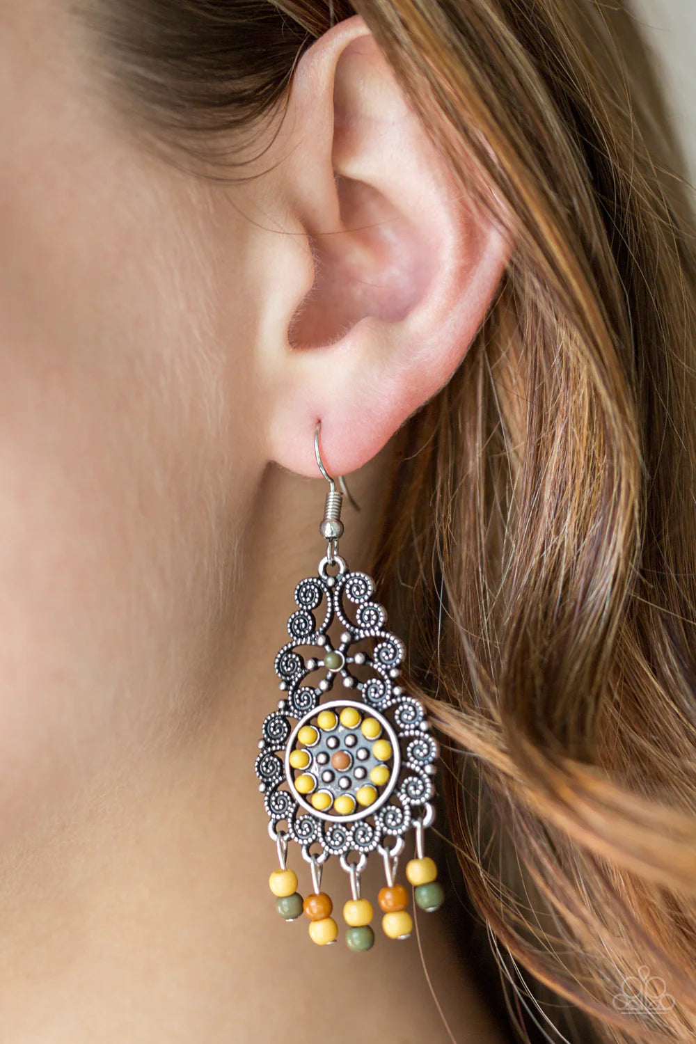 Courageously Congo - Multi (Brown/Green/Yellow) Swirl Filigree Tassel Fringe Earrings E#1414