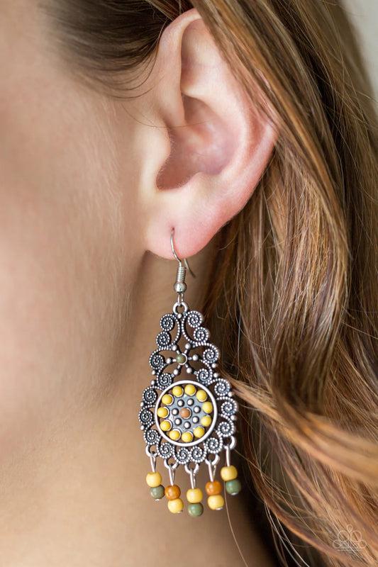Courageously Congo - Multi (Brown/Green/Yellow) Swirl Filigree Tassel Fringe Earrings E#1414
