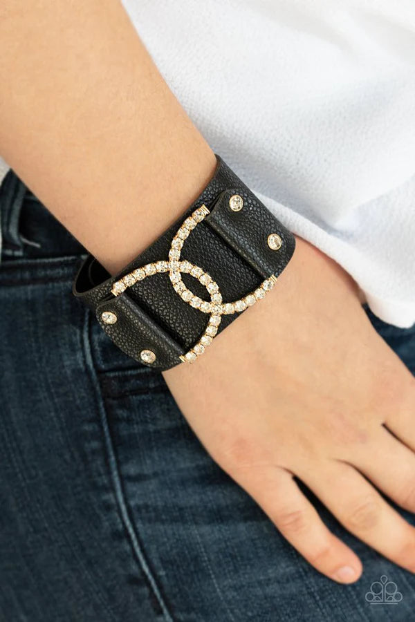 Couture Culture - Oversized Gold/Black Studded Encrusted Duo Interlocking Half-Moon Leather Wrap Bracelet B#227