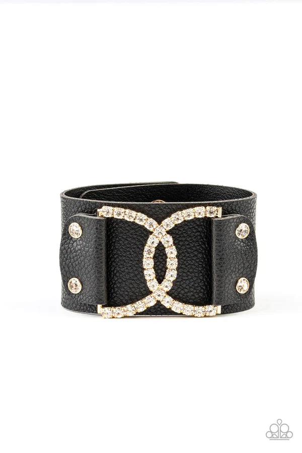 Couture Culture - Oversized Gold/Black Studded Encrusted Duo Interlocking Half-Moon Leather Wrap Bracelet B#227