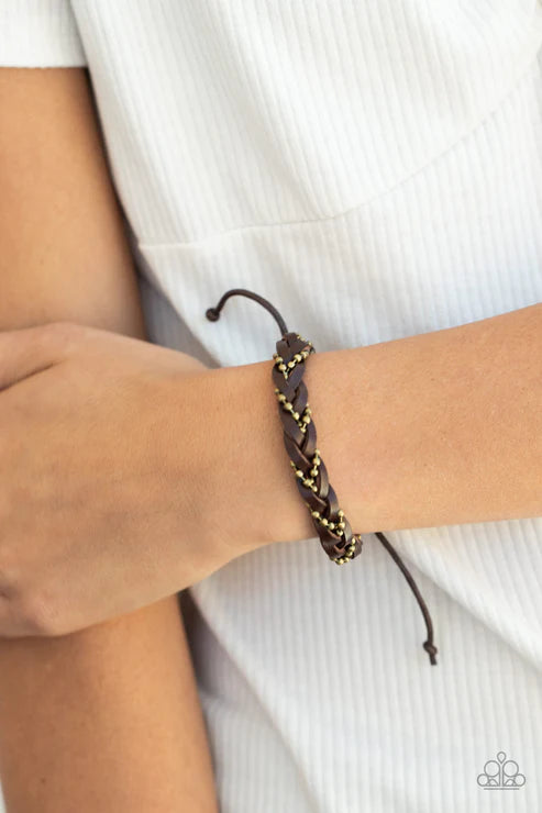 Cowboy Couture - Brown/Brass Weaved Braid Ball Chain Leather Adjustable Sliding Knot Closure Urban Bracelet B#1626