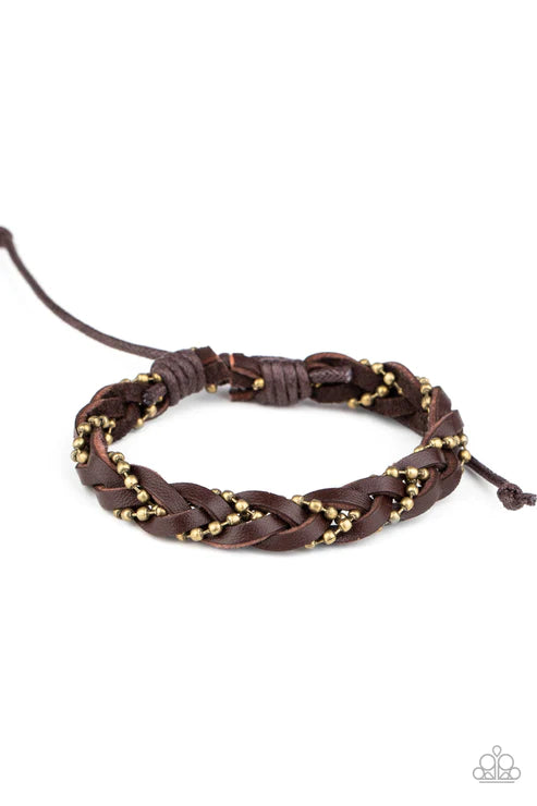 Cowboy Couture - Brown/Brass Weaved Braid Ball Chain Leather Adjustable Sliding Knot Closure Urban Bracelet B#1626