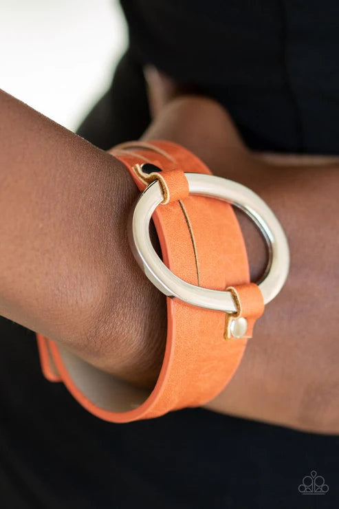 Cowgirl Cavalier - Orange Oval Spliced Ring Studded Belt Loop Leather Bracelet B#1572