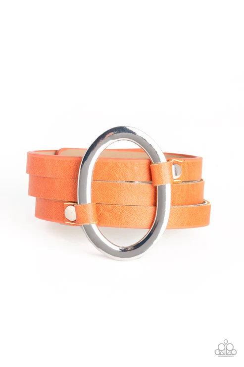 Cowgirl Cavalier - Orange Oval Spliced Ring Studded Belt Loop Leather Bracelet B#1572