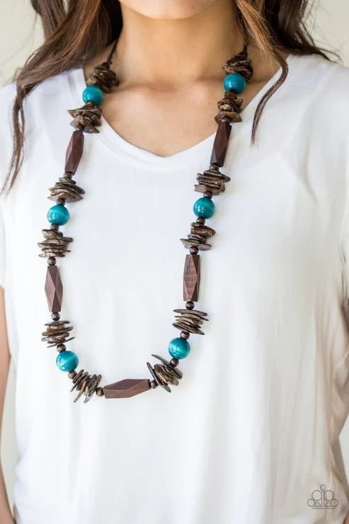Cozumel Coast - Oversized Blue/Brown Round/Faceted/Distressed Mismatched Wooden Beads Shiny Brown Cording Earthy Accents Summery Palette Adjustable Sliding Knot Closure Necklace N#2074