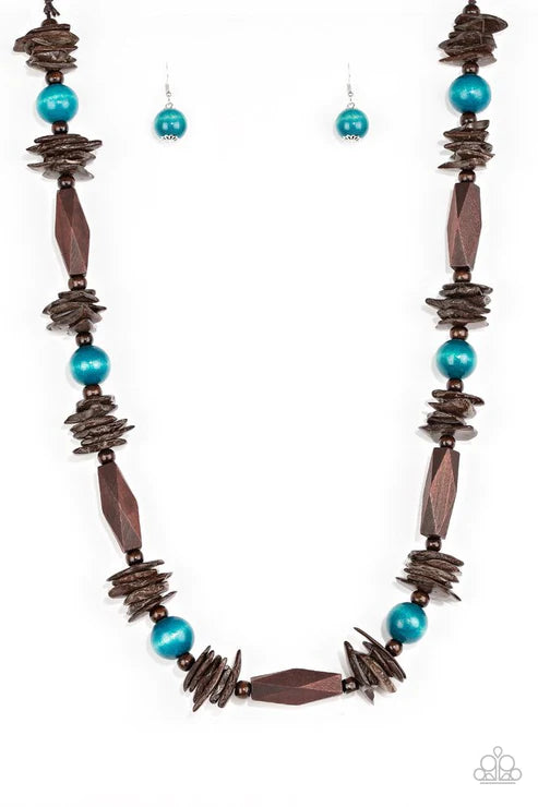 Cozumel Coast - Oversized Blue/Brown Round/Faceted/Distressed Mismatched Wooden Beads Shiny Brown Cording Earthy Accents Summery Palette Adjustable Sliding Knot Closure Necklace N#2074