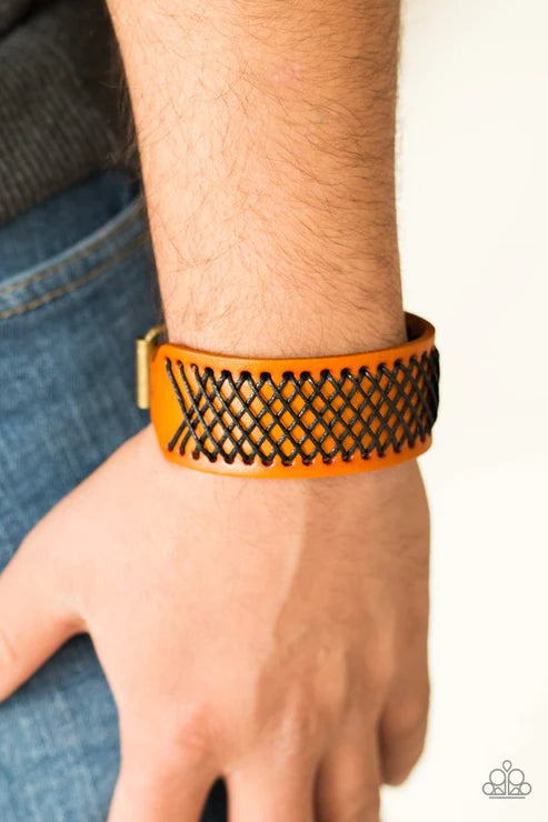 Cross The Line - Brown/Black Stitched CrissCross Tactile Buckle Leather Urban Bracelet B#1597