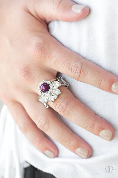 Crown Coronation - Purple Pearl Crown Encrusted Teardrop Ring R#1642