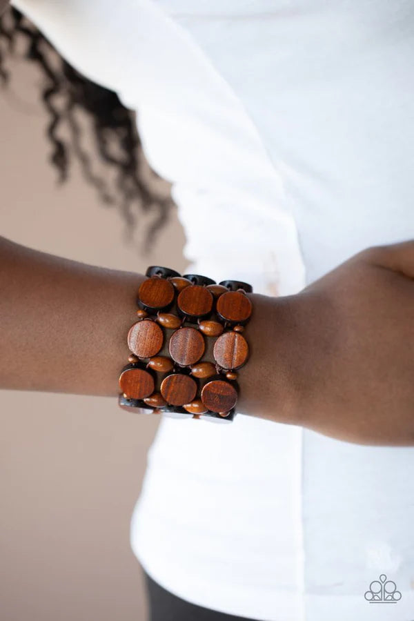 Cruising Coronado - Oversized Brown Disc/Oval/Rounded Tropical Mismatched Knotted Wood Bracelet B#1007