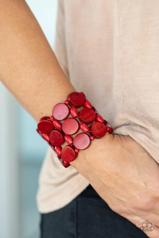 Cruising Coronado - Oversized Fiery Red Disc/Oval/Rounded Tropical Mismatched Knotted Wood Bracelet B#025