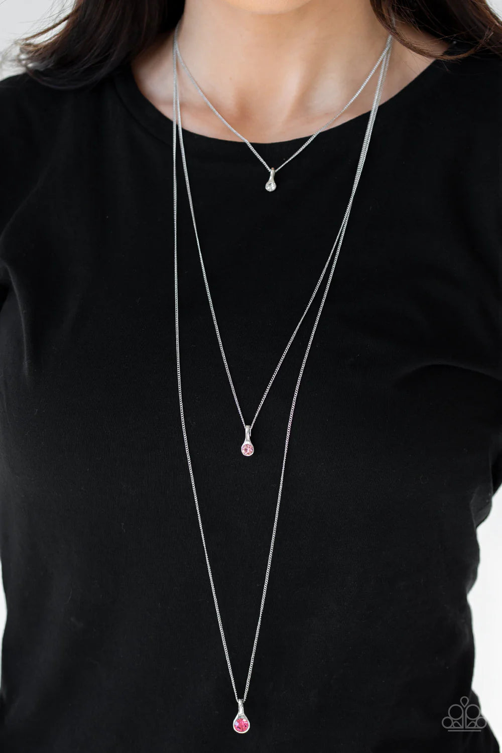 Crystal Chic - Oversized Pink Ombre (White/Lt.Pink/Hot Pink) Trickle Encrusted Trio Drip Layered Necklace N#758