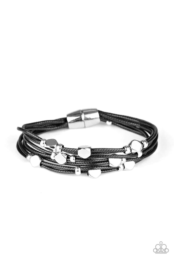 Cut the Cord - Black/Silver Magnetic Faceted Accent Slide Along Cord Bracelet B#962