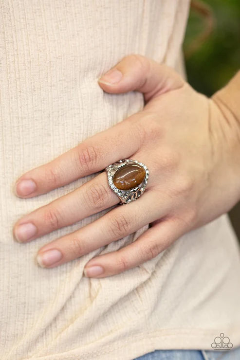 DEW Onto Others - Oversized Brown Dotted Encrusted Cat's Eye Moonstone Ring R#466