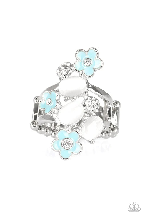 Daisy Delight - Oversized Blue/White Cat's Eye Moonstone Encrusted Daisy Ring R#1777