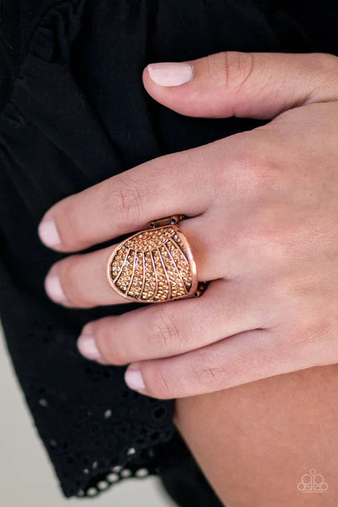 Dazzle Daze - Oversized Copper Topaz Encrusted Circular Linear Textured Ring R#1771