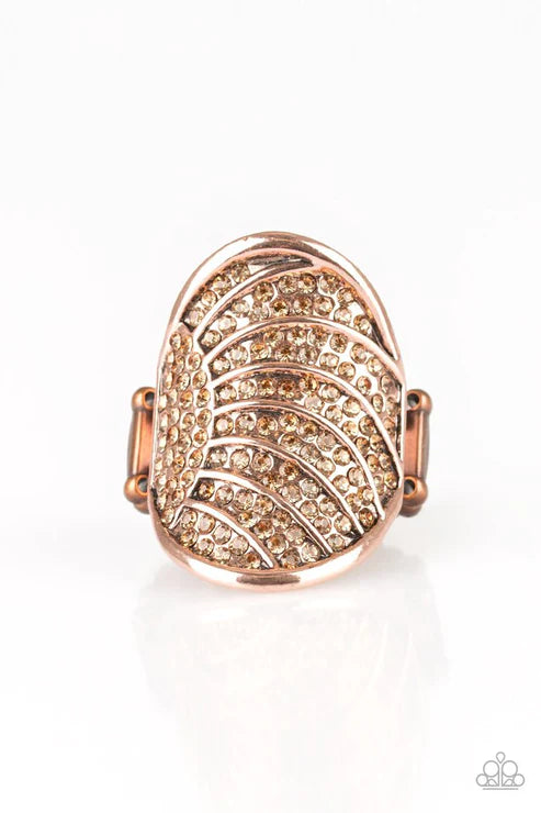 Dazzle Daze - Oversized Copper Topaz Encrusted Circular Linear Textured Ring R#1771